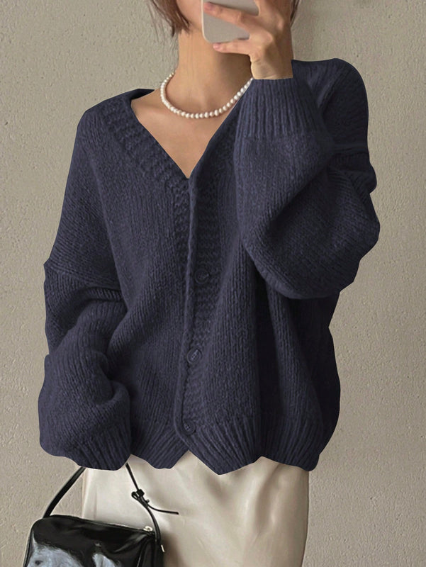 Dazy cardigan holgado de punto de color liso con cuello en v para mujer