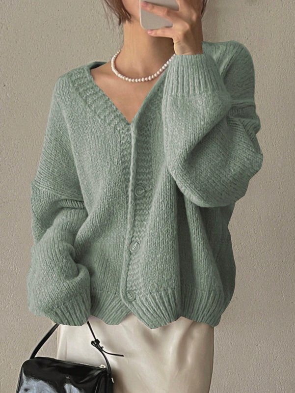 Dazy cardigan holgado de punto de color liso con cuello en v para mujer