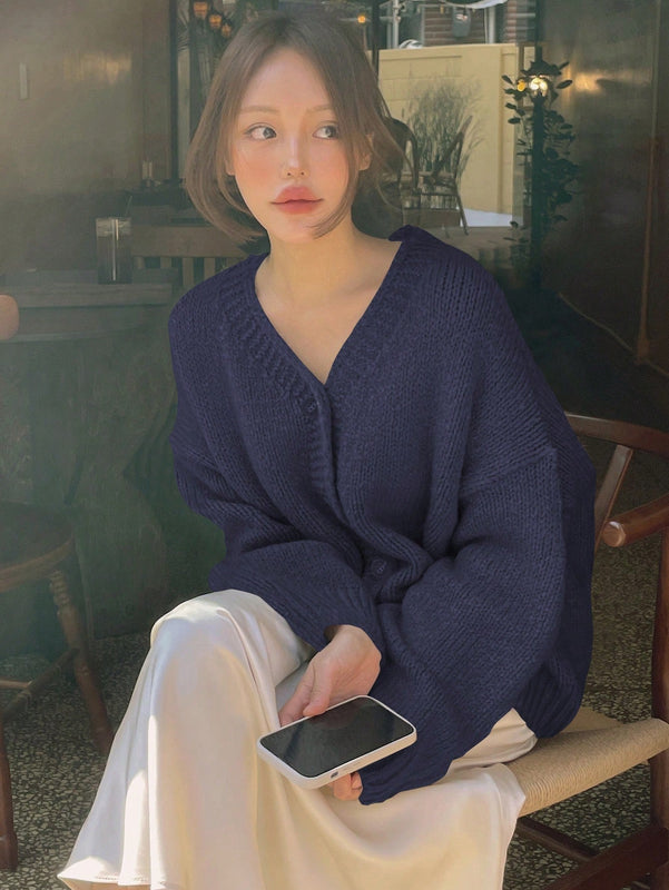 Dazy cardigan holgado de punto de color liso con cuello en v para mujer