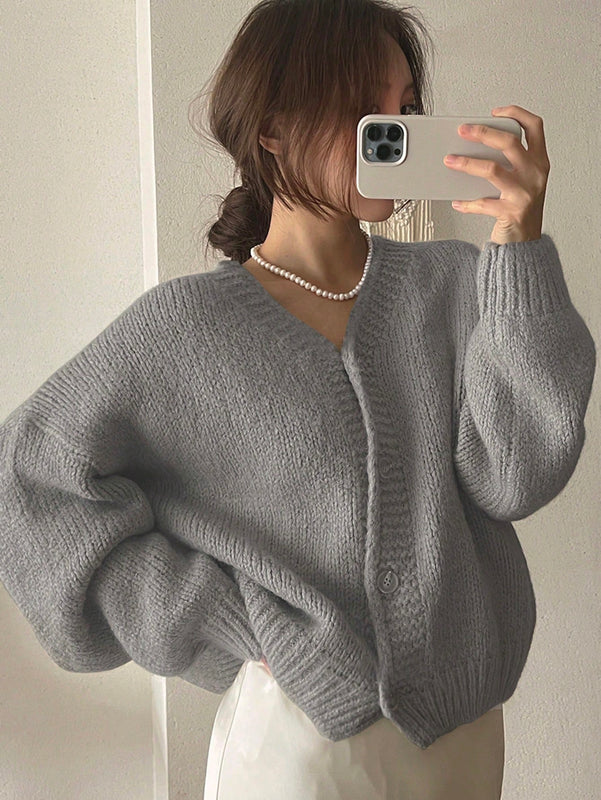 Dazy cardigan holgado de punto de color liso con cuello en v para mujer