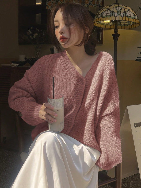 Dazy cardigan holgado de punto de color liso con cuello en v para mujer
