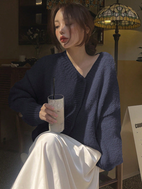 Dazy cardigan holgado de punto de color liso con cuello en v para mujer