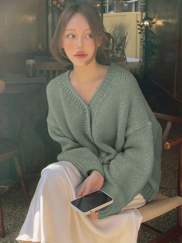 Dazy cardigan holgado de punto de color liso con cuello en v para mujer