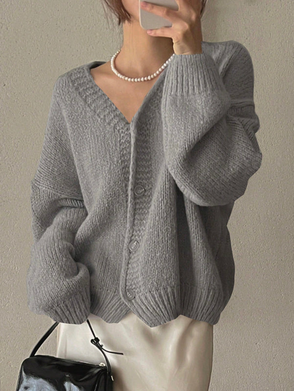 Dazy cardigan holgado de punto de color liso con cuello en v para mujer
