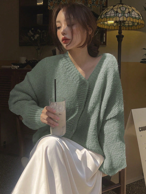 Dazy cardigan holgado de punto de color liso con cuello en v para mujer