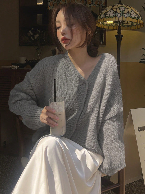Dazy cardigan holgado de punto de color liso con cuello en v para mujer