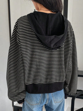 Dazy sudadera corta con capucha de manga larga de hombros caidos a rayas para mujer de primavera y otono