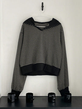 Dazy sudadera corta con capucha de manga larga de hombros caidos a rayas para mujer de primavera y otono