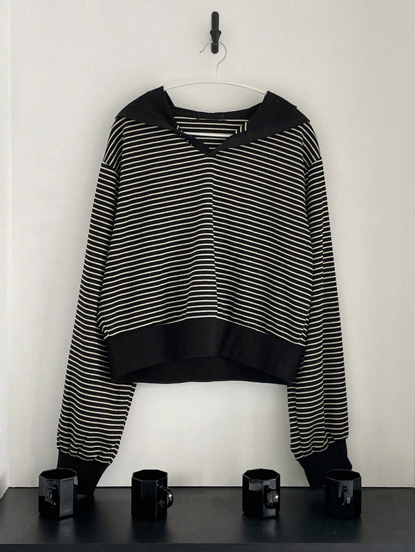 Dazy sudadera corta con capucha de manga larga de hombros caidos a rayas para mujer de primavera y otono