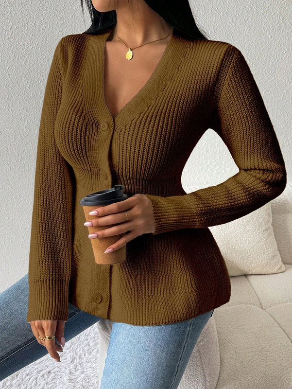 Lune cardigan elegante de mujer con cuello en v, cintura cenida y volantes en el bajo