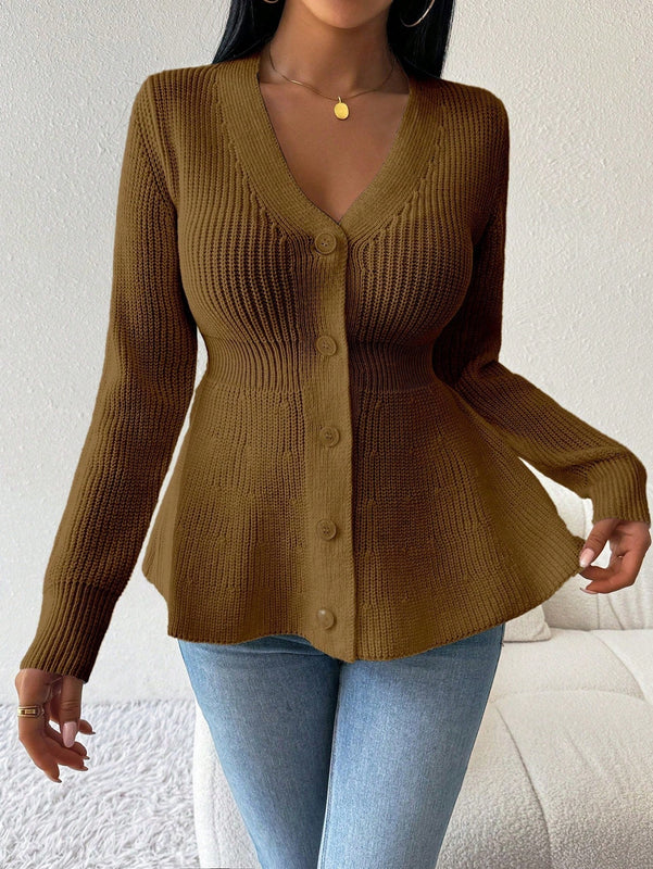 Lune cardigan elegante de mujer con cuello en v, cintura cenida y volantes en el bajo