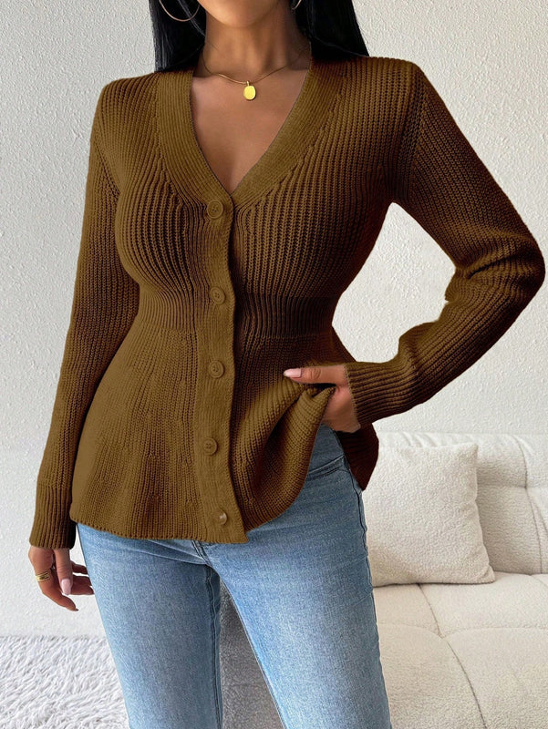 Lune cardigan elegante de mujer con cuello en v, cintura cenida y volantes en el bajo