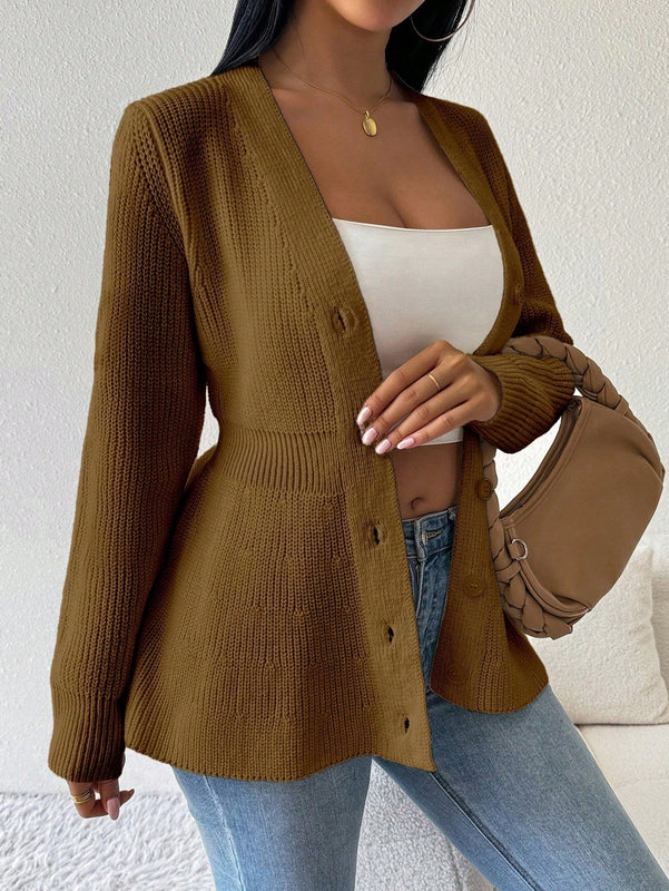 Lune cardigan elegante de mujer con cuello en v, cintura cenida y volantes en el bajo