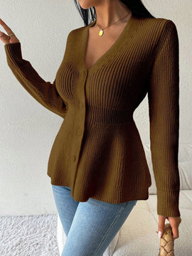 Lune cardigan elegante de mujer con cuello en v, cintura cenida y volantes en el bajo
