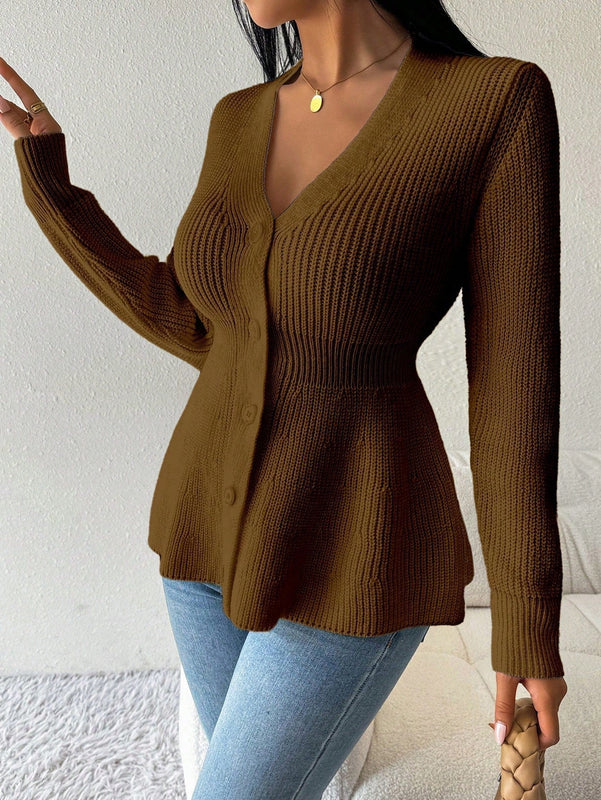 Lune cardigan elegante de mujer con cuello en v, cintura cenida y volantes en el bajo