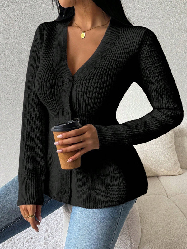Lune cardigan elegante de mujer con cuello en v, cintura cenida y volantes en el bajo