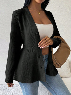 Lune cardigan elegante de mujer con cuello en v, cintura cenida y volantes en el bajo