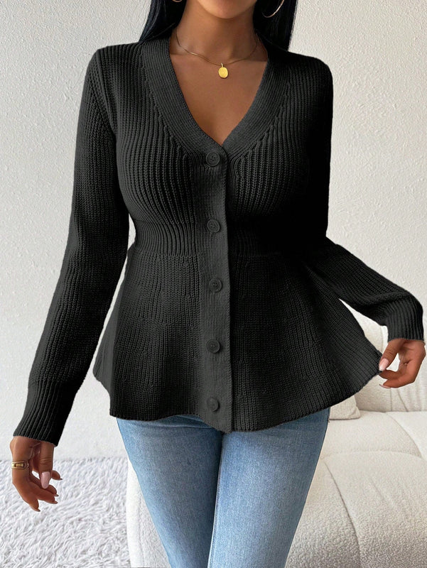 Lune cardigan elegante de mujer con cuello en v, cintura cenida y volantes en el bajo