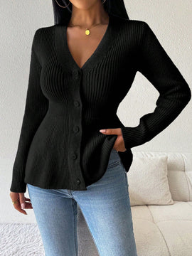 Lune cardigan elegante de mujer con cuello en v, cintura cenida y volantes en el bajo