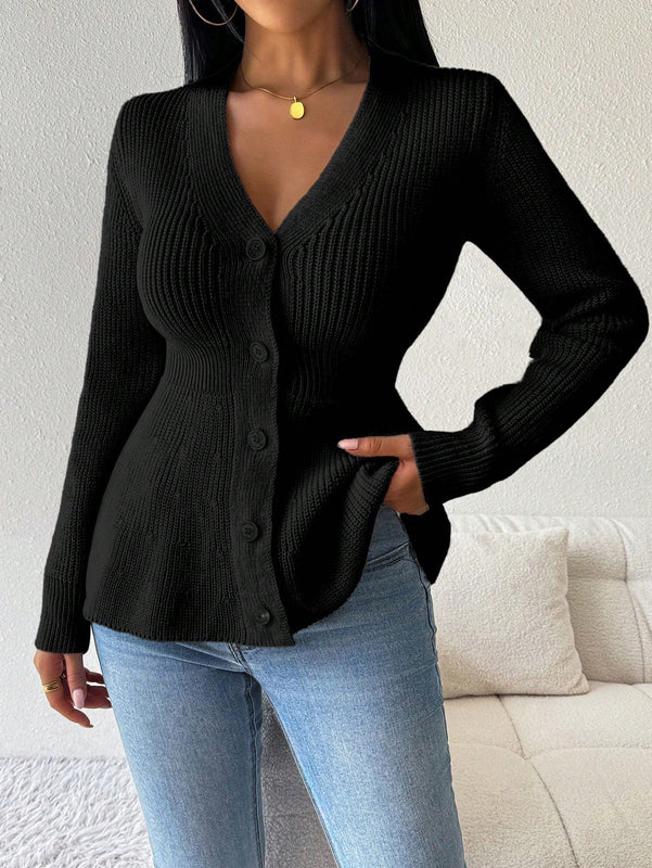 Lune cardigan elegante de mujer con cuello en v, cintura cenida y volantes en el bajo