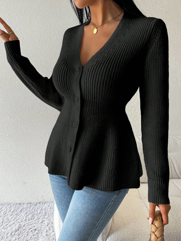 Lune cardigan elegante de mujer con cuello en v, cintura cenida y volantes en el bajo