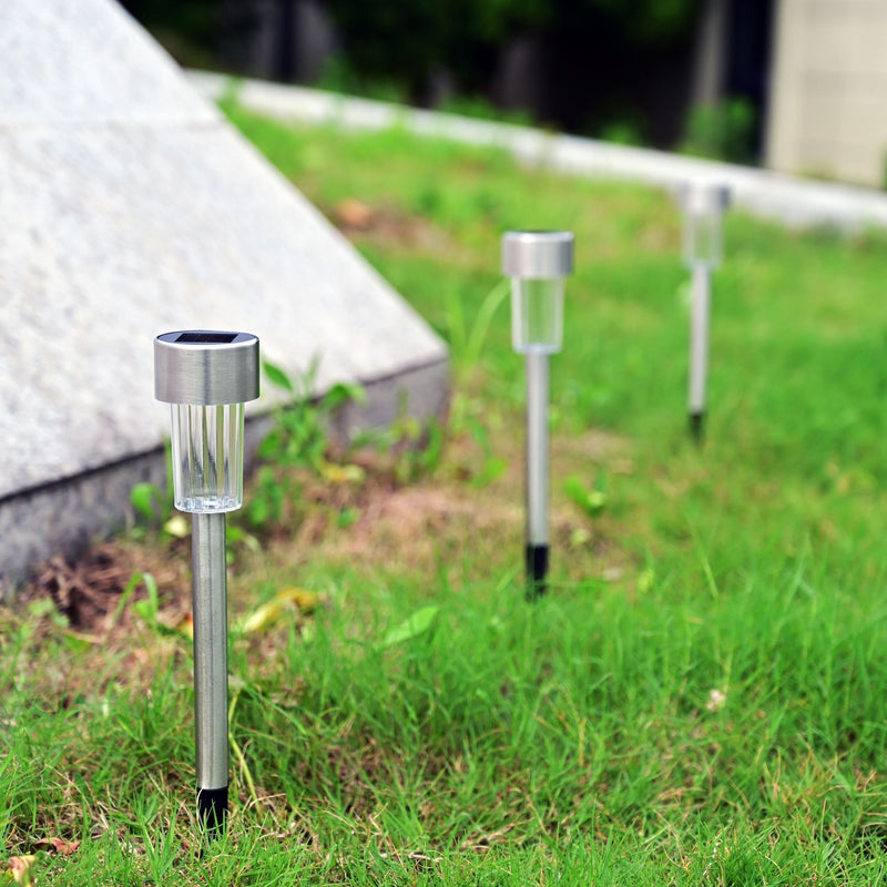 Luces solares LED para jardín, luces de acero inoxidable para caminos, luces decorativas exteriores de 4.6 pulgadas para césped, sin función de arcoíris, batería solar, voltaje máximo 36V, 6/7/10/12 piezas