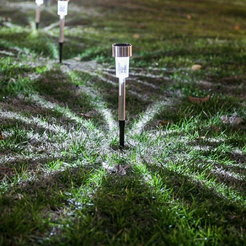 Luces solares LED para jardín, luces de acero inoxidable para caminos, luces decorativas exteriores de 4.6 pulgadas para césped, sin función de arcoíris, batería solar, voltaje máximo 36V, 6/7/10/12 piezas
