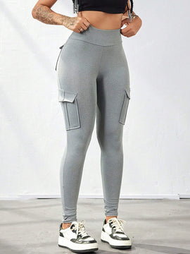 Leggings deportivos de cintura alta, color rosa, con multiples bolsillos con solapa, cinturilla ancha, para correr, yoga, fitness, pantalones ajustados, pantalones de entrenamiento informales