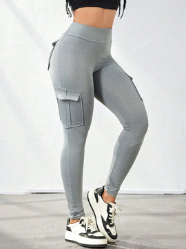 Leggings deportivos de cintura alta, color rosa, con multiples bolsillos con solapa, cinturilla ancha, para correr, yoga, fitness, pantalones ajustados, pantalones de entrenamiento informales