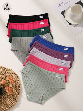 Juego de 9 bragas de mujer de algodon, de cintura baja, de unicolor, acanaladas, comodas y transpirables, ropa interior deportiva