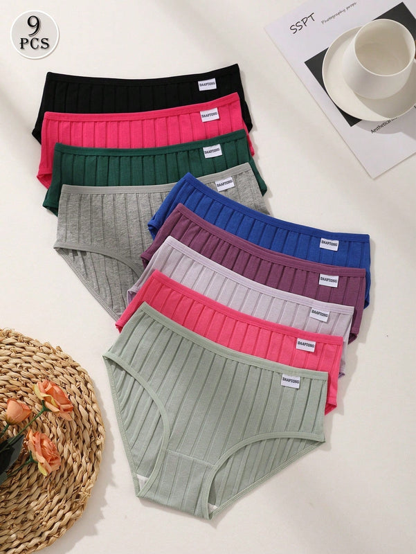 Juego de 9 bragas de mujer de algodon, de cintura baja, de unicolor, acanaladas, comodas y transpirables, ropa interior deportiva