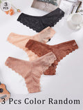 3 piezas bragas multicolor aleatorias para mujer con encaje floral y ondas, elegantes y comodas, diseno de tanga