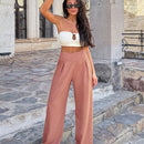 Pantalones casuales anchos de pierna ancha con cintura alta y pliegues para mujeres
