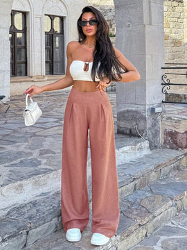 Pantalones anchos de lino solido para mujer
