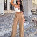 Pantalones casuales anchos de pierna ancha con cintura alta y pliegues para mujeres