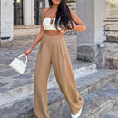 Pantalones anchos de lino solido para mujer