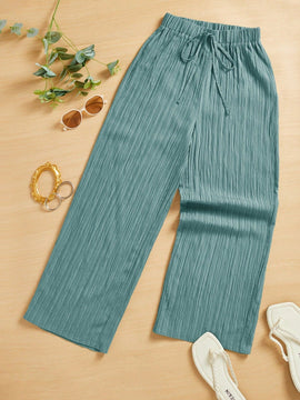 Essnce pantalones casuales de pernera ancha de 7/8 con textura y cintura anudada de unicolor para mujer