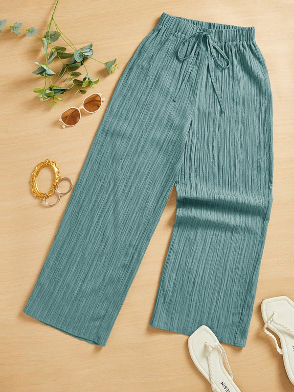 Essnce pantalones casuales de pernera ancha de 7/8 con textura y cintura anudada de unicolor para mujer