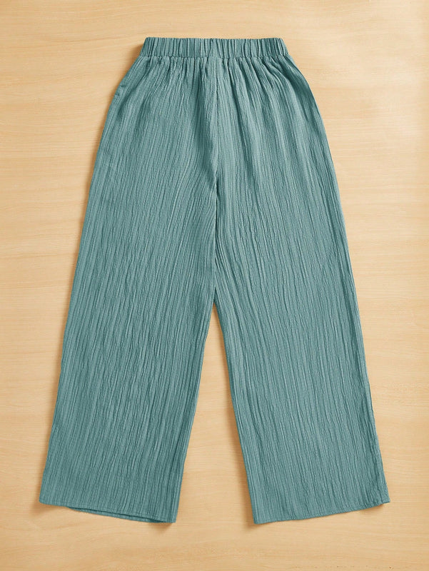 Essnce pantalones casuales de pernera ancha de 7/8 con textura y cintura anudada de unicolor para mujer