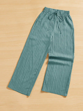 Essnce pantalones casuales de pernera ancha de 7/8 con textura y cintura anudada de unicolor para mujer