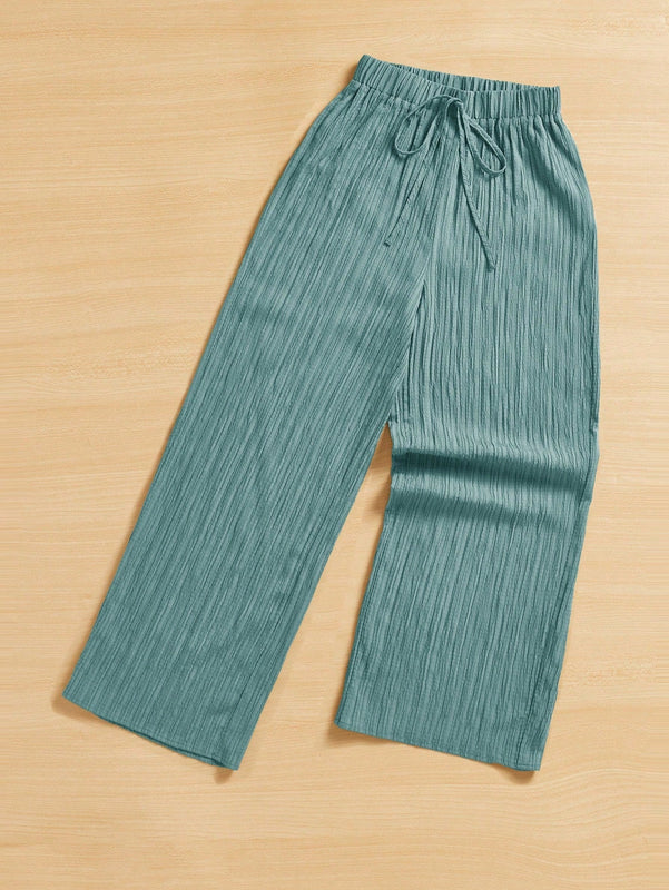 Essnce pantalones casuales de pernera ancha de 7/8 con textura y cintura anudada de unicolor para mujer