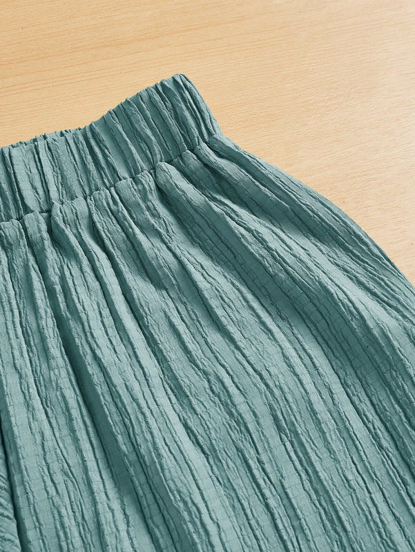 Essnce pantalones casuales de pernera ancha de 7/8 con textura y cintura anudada de unicolor para mujer