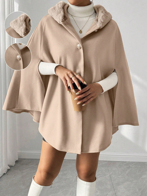Prive poncho de abrigo con capucha y cuello de piel, de unicolor, de uso casual diario, para otono/invierno