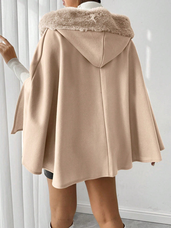 Prive poncho de abrigo con capucha y cuello de piel, de unicolor, de uso casual diario, para otono/invierno
