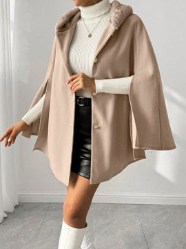 Prive poncho de abrigo con capucha y cuello de piel, de unicolor, de uso casual diario, para otono/invierno
