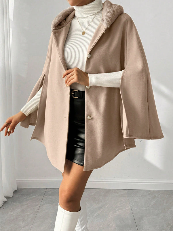 Prive poncho de abrigo con capucha y cuello de piel, de unicolor, de uso casual diario, para otono/invierno