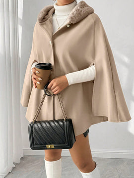 Prive poncho de abrigo con capucha y cuello de piel, de unicolor, de uso casual diario, para otono/invierno