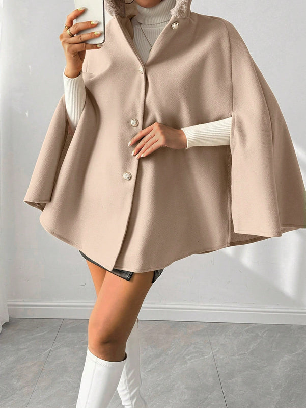 Prive poncho de abrigo con capucha y cuello de piel, de unicolor, de uso casual diario, para otono/invierno