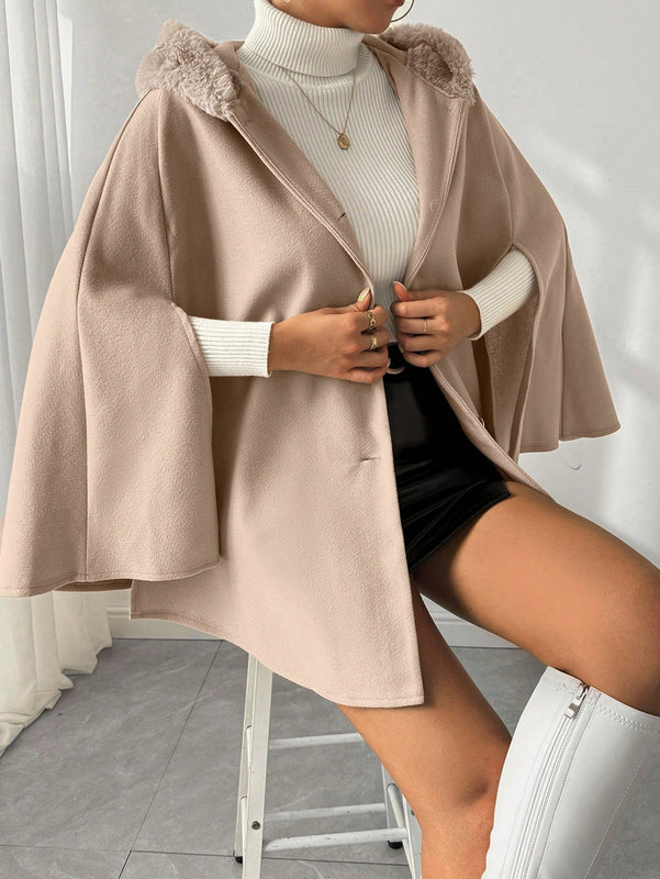 Prive poncho de abrigo con capucha y cuello de piel, de unicolor, de uso casual diario, para otono/invierno