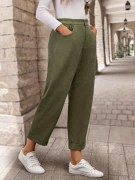 Emery rose pantalones casuales de unicolor de pana con bolsillo y forma conica para mujer, para otono
